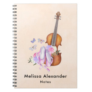 Violin, balletschoenen, bloemen en vlinders notitieboek
