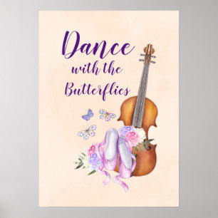 Violin, balletschoenen, bloemen en vlinders poster