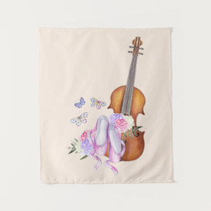 Violin, balletschoenen, bloemen en vlinders wandkleed
