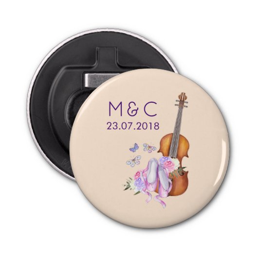 Violin, balletschoenen en Butterflies Wedding Button Flesopener (Voorkant)