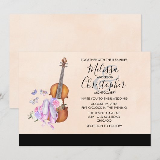 Violin, balletschoenen en Butterflies Wedding Kaart (Voorkant / Achterkant)