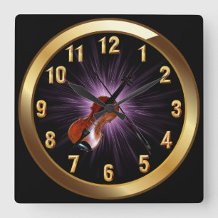 Violin~Classy Black Gold & Paarse Glow Background~ Vierkante Klok