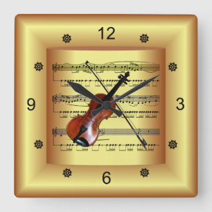 Violin ~ Curved Sheet Music ~ Gold Background ~ Vierkante Klok