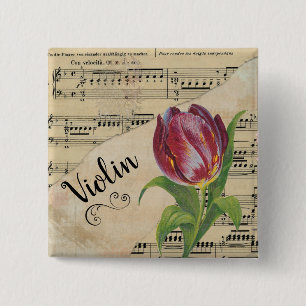 Violin Elegant Tulip  vel Music Vierkante Button 5,1 Cm