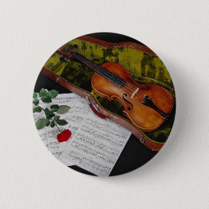 Violin en rode roos op zwarte achtergrond ronde button 5,7 cm