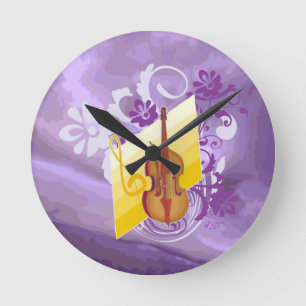 Violin Floral Paarse middelronde wandklok Ronde Klok