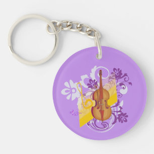 Violin Floral Swirl Paarse ronde 2-vormige Sleutel Sleutelhanger