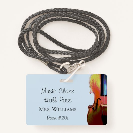 Violin Music Orchestra Class Blue Hall Pass Badge (Voorkant met draagriem)
