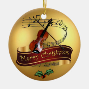 Violin ~ Musical Scroll ~ Gold ~ Merry Kerstmis ~ Keramisch Ornament