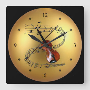 Violin ~Musical Scroll ~ Golden Wereldbol Backgrou Vierkante Klok