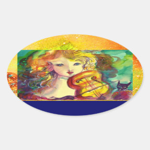 VIOLINIST GIRL, VIOLIN EN CAT OVALE STICKER