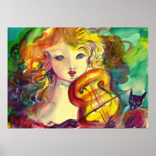 VIOLINIST GIRL, VIOLIN EN CAT POSTER