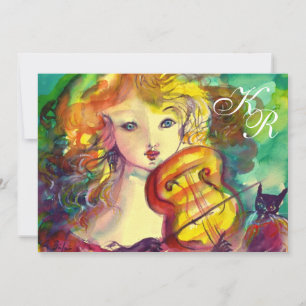 VIOLINIST GIRL, VIOLIN EN CAT Sweet!6 Monogram Kaart