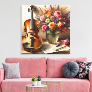 Viool, Bladmuziek en een Vaas van Bloemen Canvas Afdruk