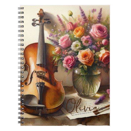 Viool, Bladmuziek en een Vaas van Bloemen Notitieboek (Voorkant)