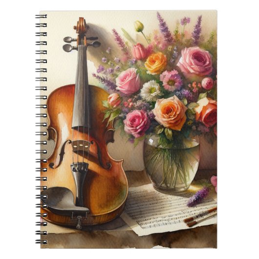 Viool, Bladmuziek en een Vaas van Bloemen Notitieboek (Voorkant)