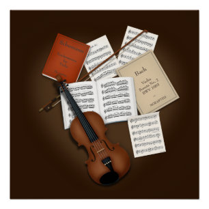 Viool op een stapel muziek scoort perfect poster