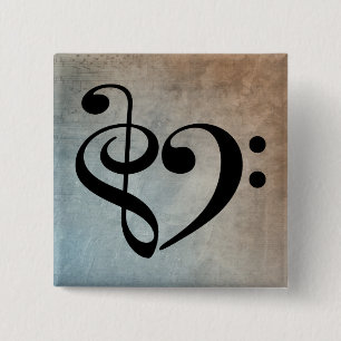 Vioolsleutel Bassleutel Hart Vintage Bladmuziek Vierkante Button 5,1 Cm