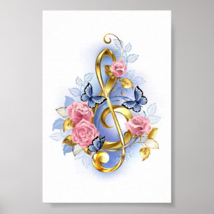 Vioolsleutel met roze rozen poster