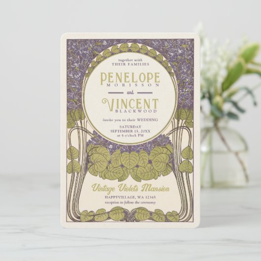  viooltjes bruiloft uitnodiging (Staand voorkant)