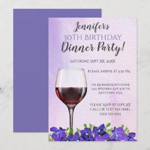 Viooltjes en wijnglas 30e verjaardag Dinner Party Kaart