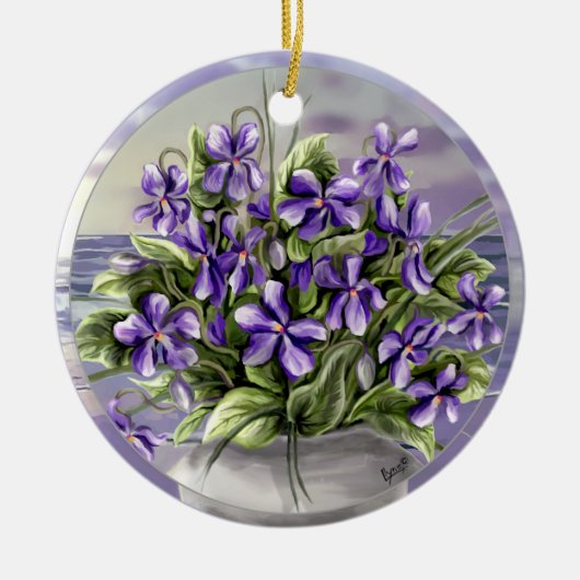 Viooltjes in een maanpot keramisch ornament (Voorkant)