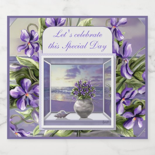 Viooltjes in een maanpot sparkling wijnetiket (Enkel label)