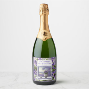 Viooltjes in een maanpot sparkling wijnetiket