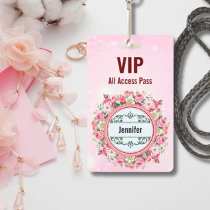 VIP All Access Pas met naam Bloemen Badge Roze