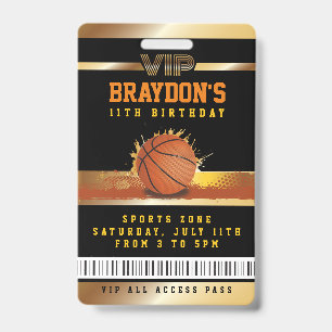 VIP Basketball Birthday ALL TOEGANG Gold Pass Badg Badge