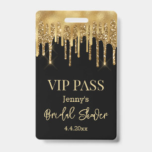 VIP-pas, bruidsshower zwart goud druipende glitter Badge