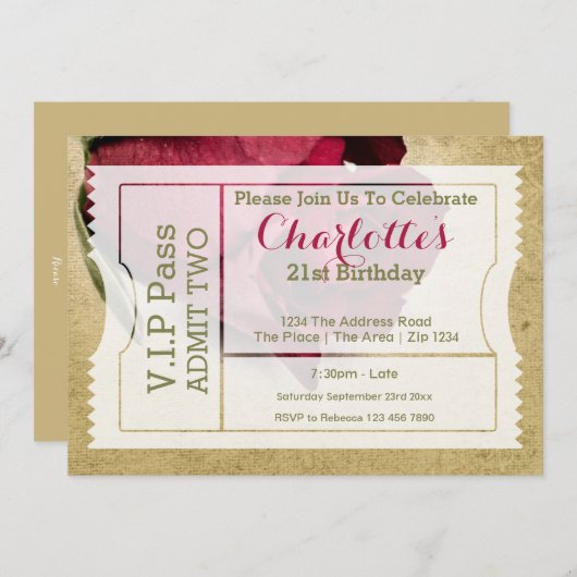 VIP Pass Party Toelating Ticket Red Rose Kaart (Voorkant / Achterkant)