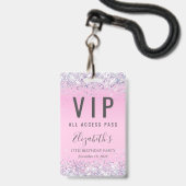 VIP Pass Pink Glitter Birthday Party Badge (Front with Lanyard)