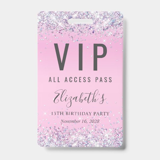 VIP Pass Pink Glitter Birthday Party Badge (Front)