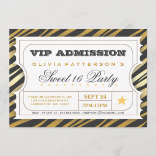 VIP Ticket Zebra Glam Sweet 16 Birthday Party Kaart