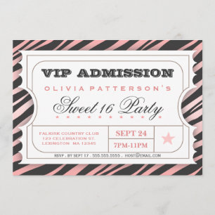 VIP Ticket Zebra Glam Sweet 16 Birthday Party Pink Kaart