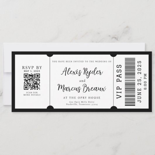 VIP Ticket Zwart-wit bruiloft uitnodiging (Voorkant)