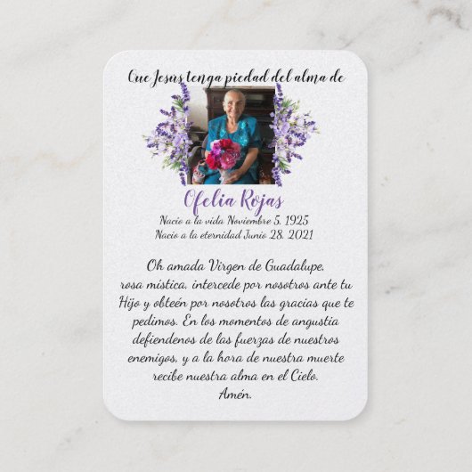 Virgen De Guadalupe Funeral Memorial Card Visitekaartje (Achterkant)