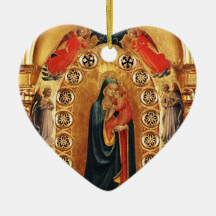 VIRGIN EN CHILD, ANGELS GOLD SACRED ART Red Ruby Keramisch Ornament