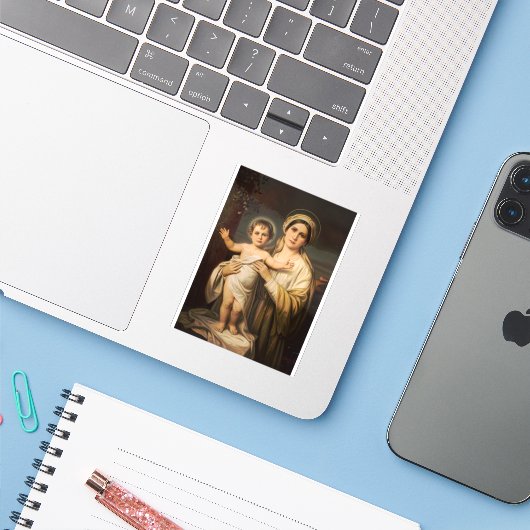 Virgin Mary houdt baby Jesus vast Sticker (Laptop met iPhone)