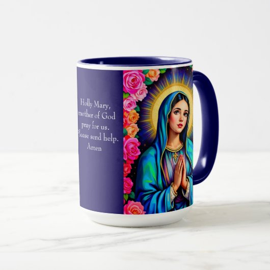 Virgin Mary Prayer Roos Floral Blue Coffee Mok (Voorkant rechts)