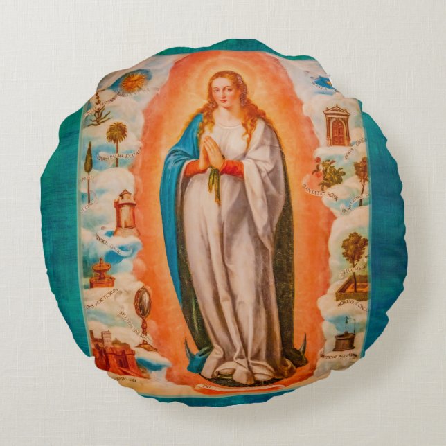 Virgin Mary Vintage Rond Kussen (Achterkant)