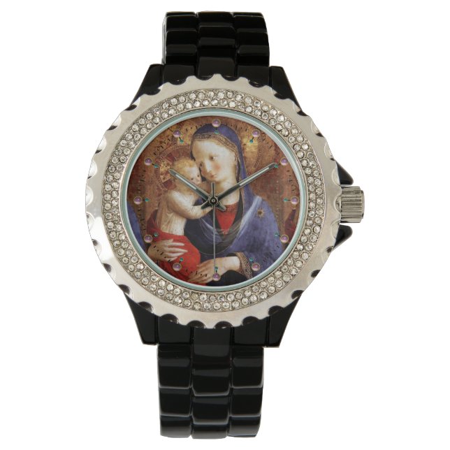 VIRGIN MET KIND/PINK AMETHYST PARELTJES HORLOGE (Voorkant)