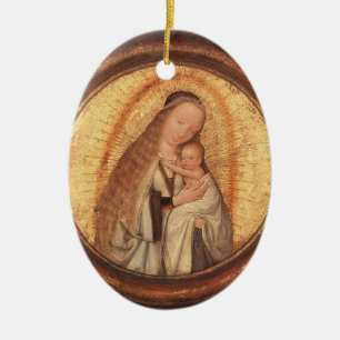 VIRGIN MET KINDERGOLD EN RODE RUBY KERAMISCH ORNAMENT
