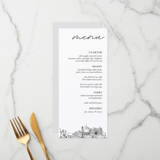 Virginia Beach Skyline Modern Wedding Dinner Menu (Voorkant / Achterkant in situ)