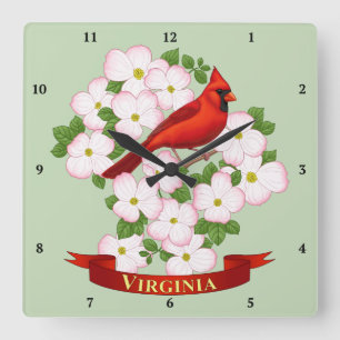 Virginia State Cardinaal Bird and Dogwood Flower Vierkante Klok