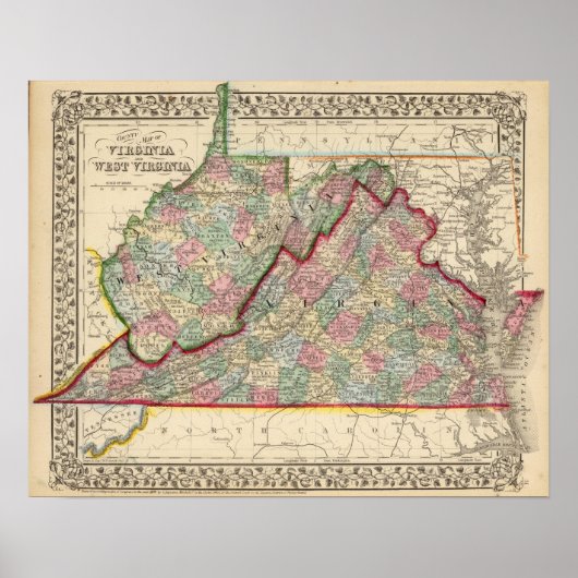 Virginia, W Virginia Map door Mitchell Poster (Voorkant)