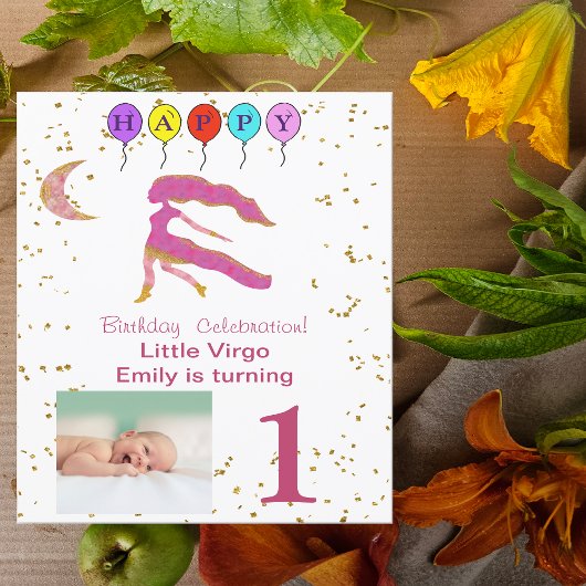 Virgo First Birthday Gold, ballonnen en foto's Kaart