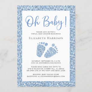 Virtual Baby Boy Shower Blue Glitter Invitation Kaart