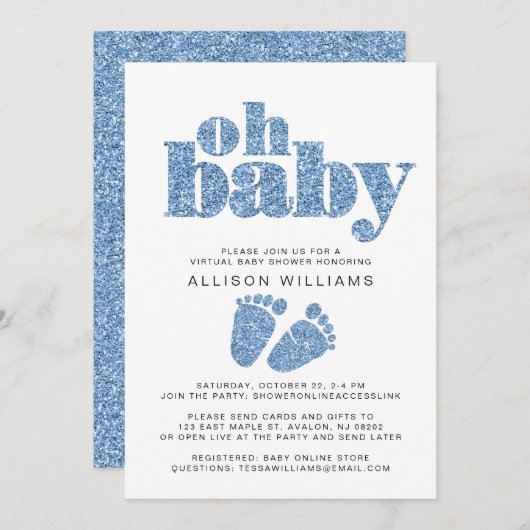 Virtual Baby Boy Shower Blue Glitter Kaart (Voorkant / Achterkant)